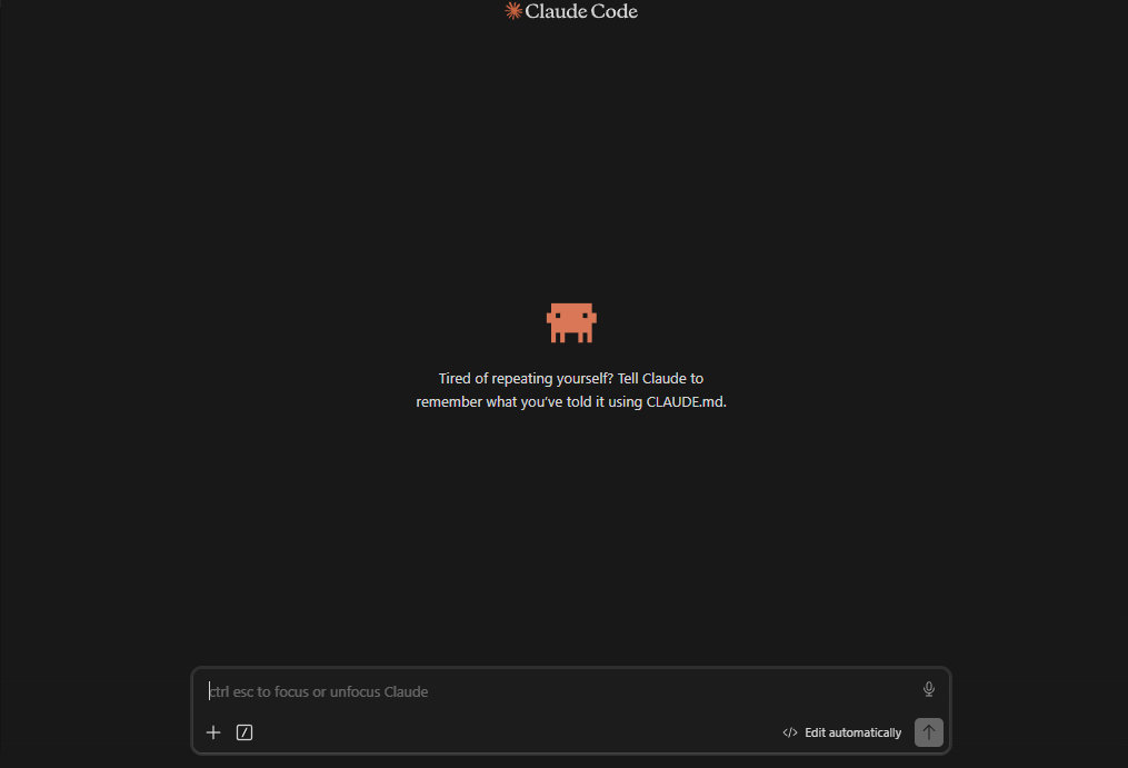 Claude Codeのターミナル画面。指示を入力する入力欄が表示されている