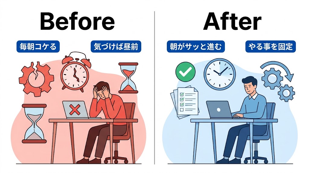 毎朝コケるBeforeと朝がサッと進むAfterを比べた図。指示の出し方を変えた前後の作業の様子