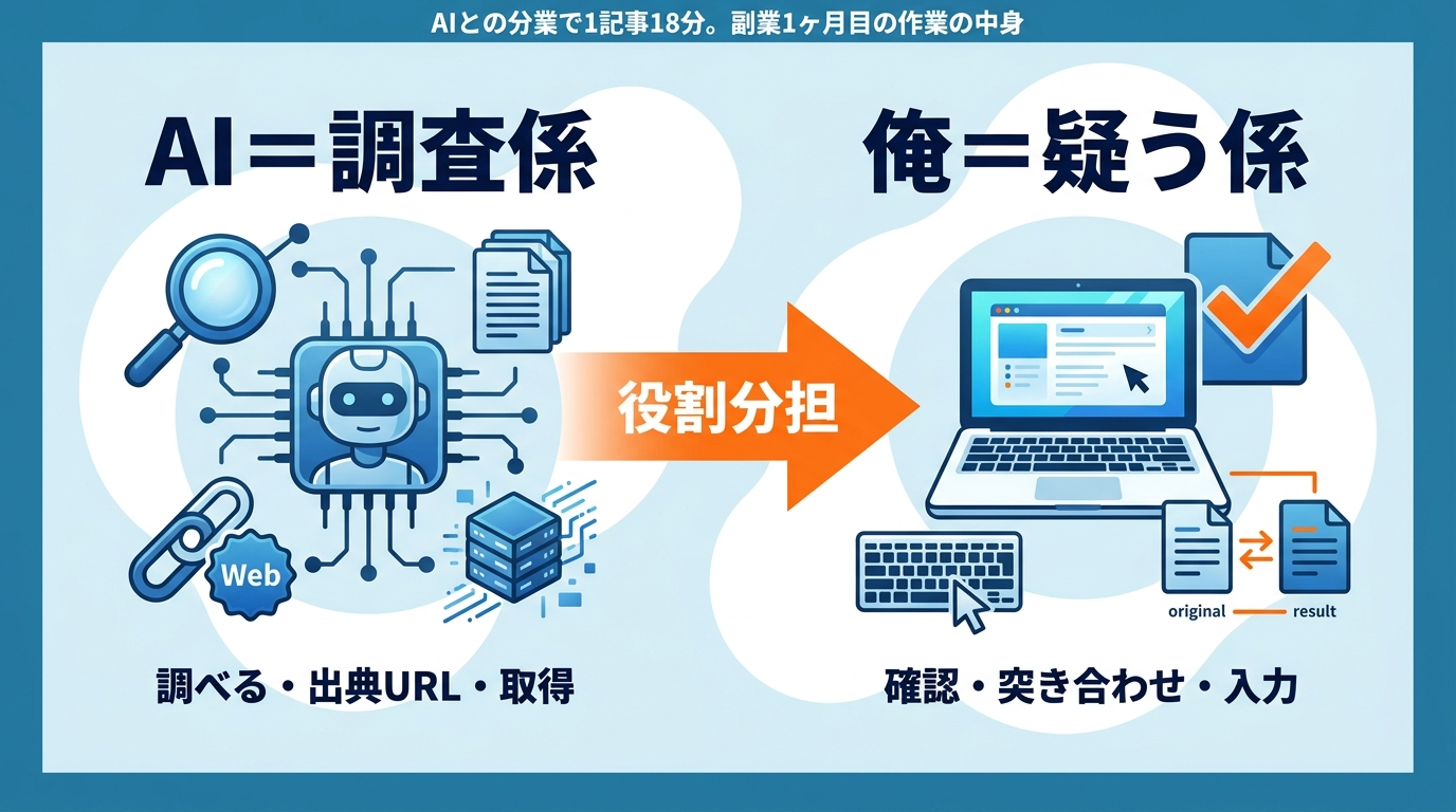 AIが調査してURL取得、人が確認・突き合わせ・入力する役割分担の図