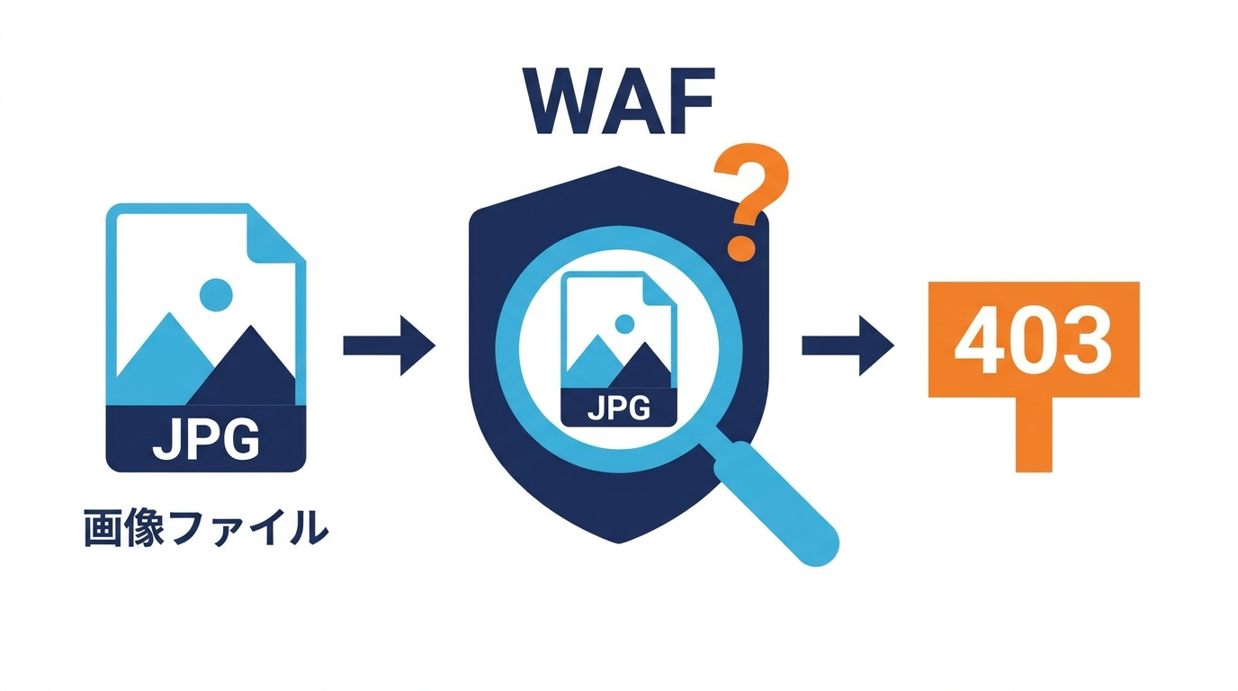 JPG画像をWAFが検査し403エラーでブロックする仕組みを示した図解