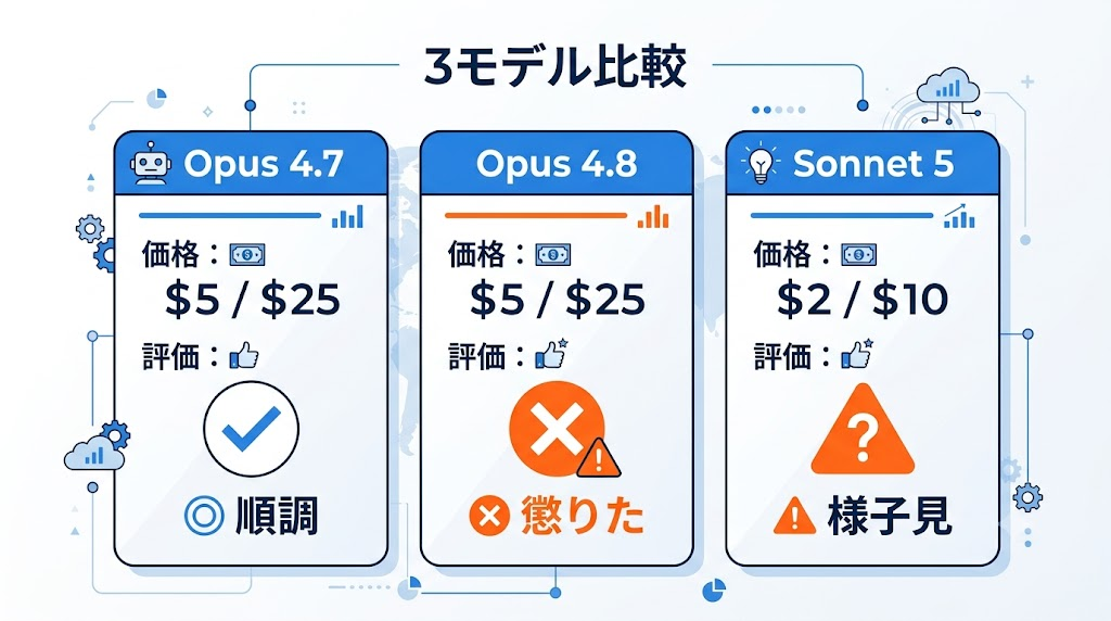 Opus 4.7が順調、Opus 4.8は懲りた、Sonnet 5は様子見と評価した3モデル比較図