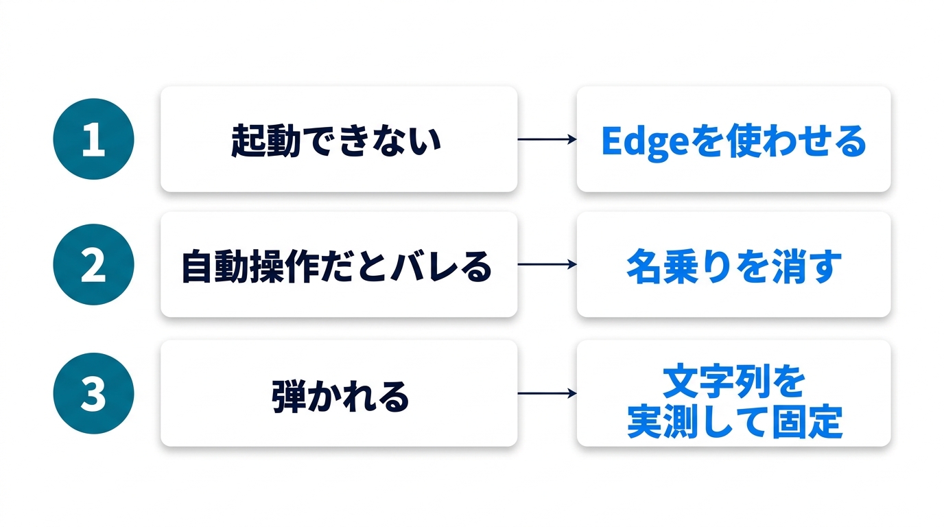 Playwrightの3つの罠と対策を対にした図。起動できない→Edgeを使わせる、自動操作だとバレる→名乗りを消す、弾かれる→文字列を実測して固定