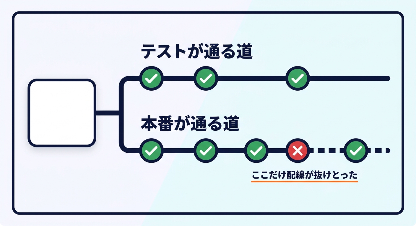 テストが通る道は全て緑のチェック、本番が通る道は途中で赤いバツがあり配線が抜けている図